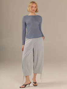 KÆRIA Hus Boat Neck LongSleeve Top - Dimensional Jersey Semi Sheer - Steel Blue Marle - Office, Elevated Basic - Grey - View 7