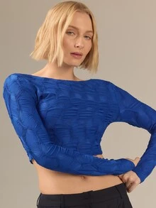 KÆRIA Hus ملابس علوية قصيرة بياقة قارب وأكمام طويلة مع تفاصيل ظهر - نسيج مطاطي - أزرق زاهٍ - طقم متناسق، عصري - الأزرق - مشاهدة 5