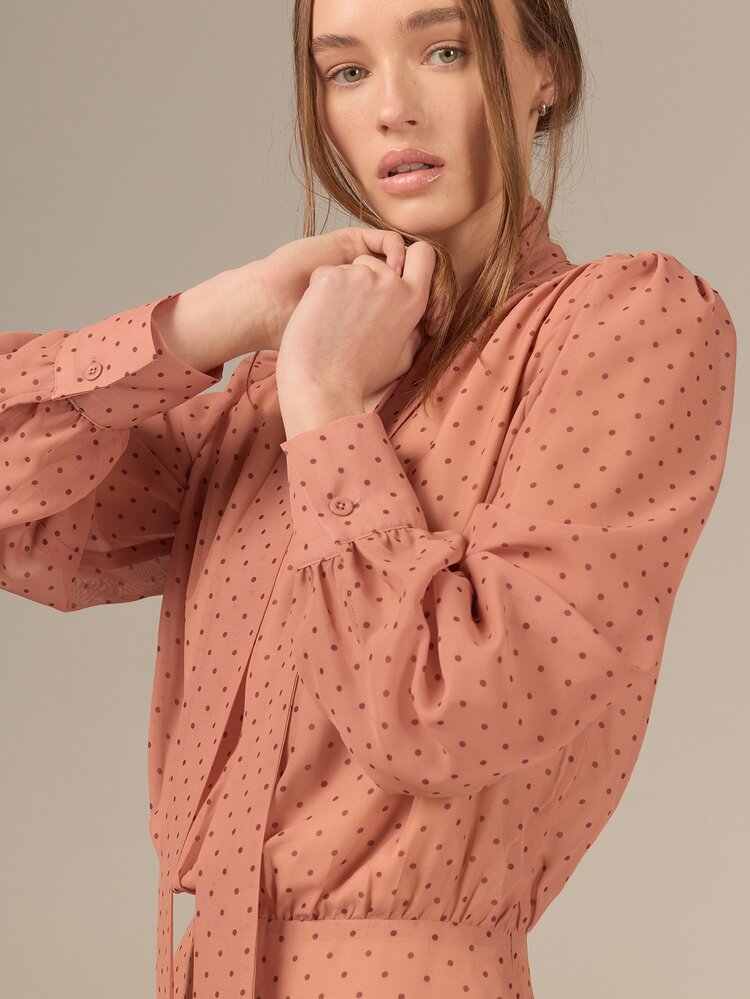 KÆRIA Hus Blouson Tie Neck Mini Dress - Lined - Air Georgette - Pink Polka Dot - Soft Silhouette, Feminine - Multicolor - View 4