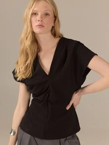 KÆRIA Hus Drape V-Neck Cap Sleeve Blouse - Soft Crepe - Black - Premium Fabric Textured Office Ready Summer Minimalist Casual - Black - View 1