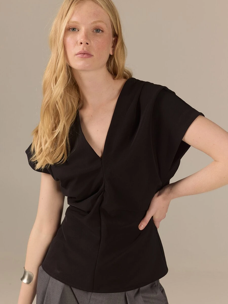 KÆRIA Hus Drape V-Neck Cap Sleeve Blouse - Soft Crepe - Black - Premium Fabric Textured Office Ready Summer Minimalist Casual - Black - View 1