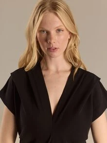 KÆRIA Hus Drape V-Neck Cap Sleeve Blouse - Soft Crepe - Black - Premium Fabric Textured Office Ready Summer Minimalist Casual - Black - View 2