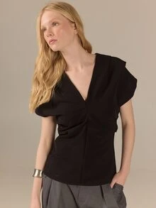 KÆRIA Hus Drape V-Neck Cap Sleeve Blouse - Soft Crepe - Black - Premium Fabric Textured Office Ready Summer Minimalist Casual - Black - View 5