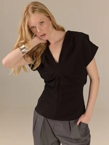 KÆRIA Hus Drape V-Neck Cap Sleeve Blouse - Soft Crepe - Black - Premium Fabric Textured Office Ready Summer Minimalist Casual - Black - View 7