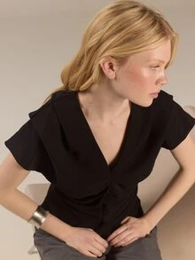 KÆRIA Hus Drape V-Neck Cap Sleeve Blouse - Soft Crepe - Black - Premium Fabric Textured Office Ready Summer Minimalist Casual - Black - View 3