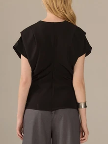 KÆRIA Hus Drape V-Neck Cap Sleeve Blouse - Soft Crepe - Black - Premium Fabric Textured Office Ready Summer Minimalist Casual - Black - View 4
