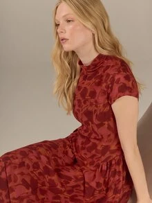 KÆRIA Hus 垂墜式小飛袖中長洋裝－空氣喬其絨－酒紅色－花卉印花，女性化復古優雅，適合婚禮、花園派對、早午餐、夏季 - 彩色 - 查看 7
