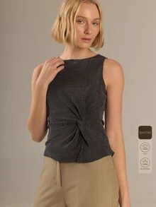 KÆRIA Hus Boxy Woven Tee - Liquid Textured Satin - Black - Elevated Basic, Woven Tee, Office Brunch, Premium Fabric Summer Elegant - Grey - View 8
