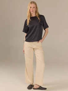 KÆRIA Hus Boxy Woven Tee - Liquid Textured Satin - Black - Elevated Basic, Woven Tee, Office Brunch, Premium Fabric Summer Elegant - Grey - View 7