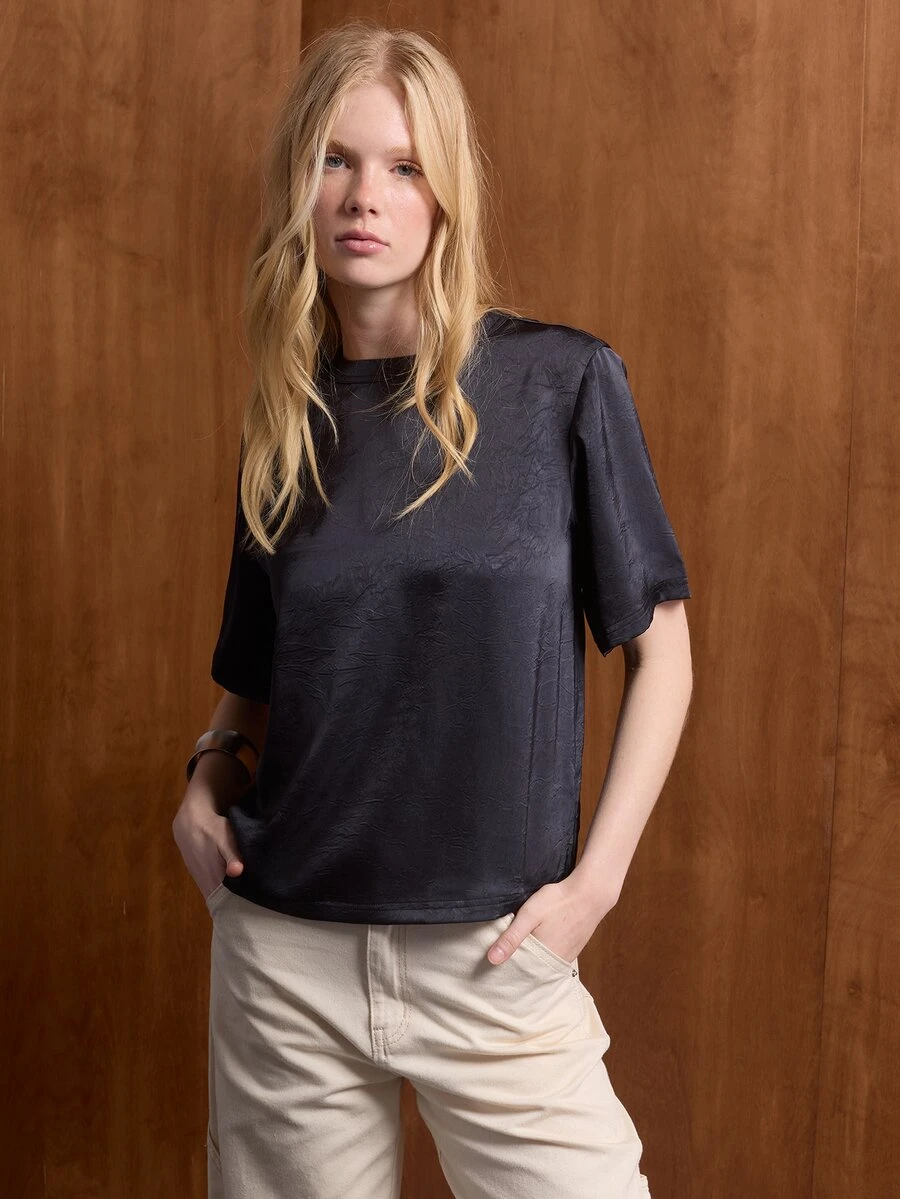 KÆRIA Hus Boxy Woven Tee - Liquid Textured Satin - Black - Elevated Basic, Woven Tee, Office Brunch, Premium Fabric Summer Elegant - Grey - View 1
