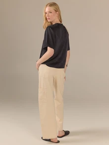 KÆRIA Hus Boxy Woven Tee - Liquid Textured Satin - Black - Elevated Basic, Woven Tee, Office Brunch, Premium Fabric Summer Elegant - Grey - View 3