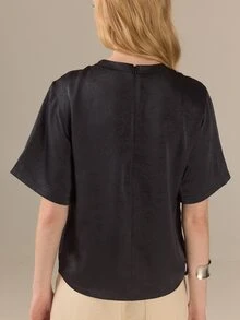 KÆRIA Hus Boxy Woven Tee - Liquid Textured Satin - Black - Elevated Basic, Woven Tee, Office Brunch, Premium Fabric Summer Elegant - Grey - View 4
