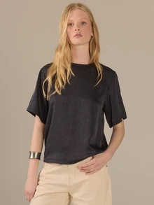 KÆRIA Hus Boxy Woven Tee - Liquid Textured Satin - Black - Elevated Basic, Woven Tee, Office Brunch, Premium Fabric Summer Elegant - Grey - View 6