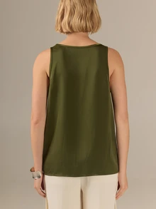 KÆRIA Hus Áo blouse sát nách xếp nếp lụa satin bóng màu xanh ô liu, phong cách thanh lịch nữ tính sang chảnh, phù hợp đi du lịch, nghỉ dưỡng và mặc hàng ngày - Màu xanh Ô liu - Xem 3