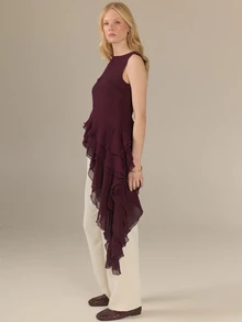 KÆRIA Hus Asym Ruffled Blouse - Draped Georgette - Deep Dark Purple - Ruffle, Party Bar Dinner, Date Night, Statement, Elegant Summer - Burgundy - View 6