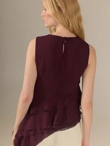 KÆRIA Hus Asym Ruffled Blouse - Draped Georgette - Deep Dark Purple - Ruffle, Party Bar Dinner, Date Night, Statement, Elegant Summer - Burgundy - View 3