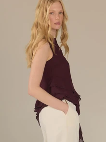 KÆRIA Hus Asym Ruffled Blouse - Draped Georgette - Deep Dark Purple - Ruffle, Party Bar Dinner, Date Night, Statement, Elegant Summer - Burgundy - View 5