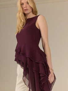 KÆRIA Hus Asym Ruffled Blouse - Draped Georgette - Deep Dark Purple - Ruffle, Party Bar Dinner, Date Night, Statement, Elegant Summer - Burgundy - View 2
