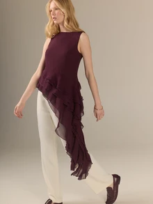 KÆRIA Hus Asym Ruffled Blouse - Draped Georgette - Deep Dark Purple - Ruffle, Party Bar Dinner, Date Night, Statement, Elegant Summer - Burgundy - View 1