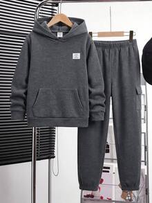 SHEIN Kids Tween Boy Casual Pattern Hoodie And Pants 2 Pieces Set, Suitable For Commuting, School, Daily Casual Wear, Outings, Sports, Autumn/Winter - Grey - View 5