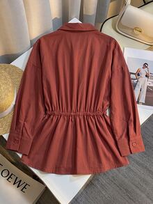 Pariaura Casual Comfortable Commute Premium Solid Color Drop Shoulder Loose Fit Shirt With Lapel Collar Cinched Waist Women Long Sleeve Blouse - Rust Brown - View 2