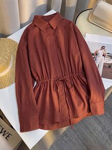 Pariaura Casual Comfortable Commute Premium Solid Color Drop Shoulder Loose Fit Shirt With Lapel Collar Cinched Waist Women Long Sleeve Blouse - Rust Brown - View 4