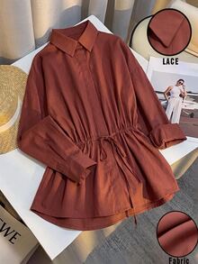 Pariaura Casual Comfortable Commute Premium Solid Color Drop Shoulder Loose Fit Shirt With Lapel Collar Cinched Waist Women Long Sleeve Blouse - Rust Brown - View 5