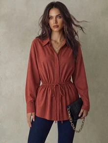 Pariaura Casual Comfortable Commute Premium Solid Color Drop Shoulder Loose Fit Shirt With Lapel Collar Cinched Waist Women Long Sleeve Blouse - Rust Brown - View 6