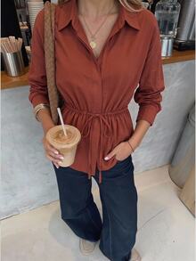 Pariaura Casual Comfortable Commute Premium Solid Color Drop Shoulder Loose Fit Shirt With Lapel Collar Cinched Waist Women Long Sleeve Blouse - Rust Brown - View 1