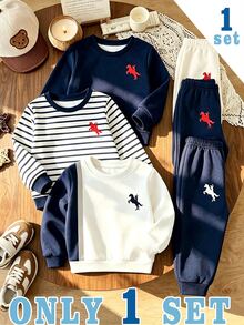 加厚抓絨運動衫套裝 皇家白海軍藍 幼兒休閒端莊可愛經典騎士印花圓領運動褲套裝 秋季，1組隨機 - 彩色 - 查看 2
