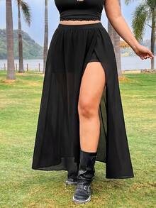 SHEIN EZwear 大码女式雪纺透明长裙，侧开衩下摆 - 黑色 - 查看 6