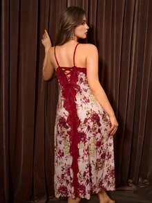 Slumberist Burgundy Lace Patchwork Vintage Floral Print Spaghetti Strap Maxi Dress, Back Criss-Cross Tie Waist, Slim Fit, High Slit, Sexy Plus Size Women's Nightgown For Vacation - Multicolor - View 4