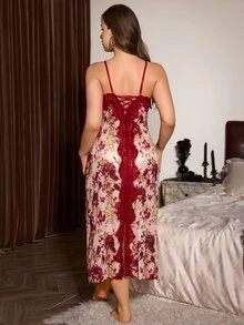 Slumberist Burgundy Lace Patchwork Vintage Floral Print Spaghetti Strap Maxi Dress, Back Criss-Cross Tie Waist, Slim Fit, High Slit, Sexy Plus Size Women's Nightgown For Vacation - Multicolor - View 6
