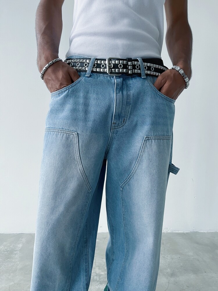 Manfinity EMRG Men's Streetwear Casual Embroidered Blue Denim Jeans - Light Wash - View 6