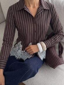 Aloruh Damen Frühlings-Herbst braun gestreiftes Hemd, bequeme Baumwollkleidung, Spitzen-Top, Langarm, elegante französische Bluse, Büro, Brunch, Abendausgang - Braun - Übersicht 11
