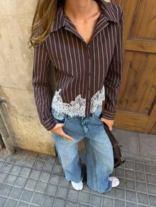 Aloruh Damen Frühlings-Herbst braun gestreiftes Hemd, bequeme Baumwollkleidung, Spitzen-Top, Langarm, elegante französische Bluse, Büro, Brunch, Abendausgang - Braun - Übersicht 9