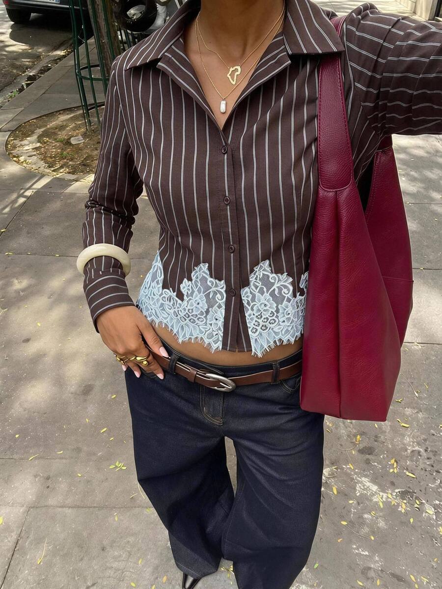 Aloruh Damen Frühlings-Herbst braun gestreiftes Hemd, bequeme Baumwollkleidung, Spitzen-Top, Langarm, elegante französische Bluse, Büro, Brunch, Abendausgang
