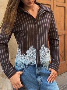 Aloruh Damen Frühlings-Herbst braun gestreiftes Hemd, bequeme Baumwollkleidung, Spitzen-Top, Langarm, elegante französische Bluse, Büro, Brunch, Abendausgang - Braun - Übersicht 5