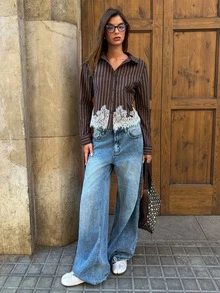 Aloruh Damen Frühlings-Herbst braun gestreiftes Hemd, bequeme Baumwollkleidung, Spitzen-Top, Langarm, elegante französische Bluse, Büro, Brunch, Abendausgang - Braun - Übersicht 6