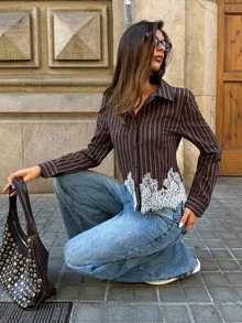 Aloruh Damen Frühlings-Herbst braun gestreiftes Hemd, bequeme Baumwollkleidung, Spitzen-Top, Langarm, elegante französische Bluse, Büro, Brunch, Abendausgang - Braun - Übersicht 7