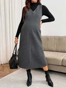 SHEIN Maternity Solid Color V-Neck Side Slit Hem Tank Dress - Dark Grey - View 9