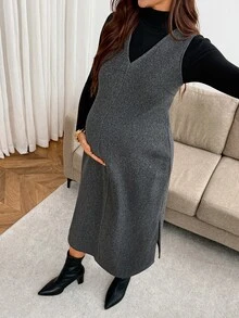 SHEIN Maternity Solid Color V-Neck Side Slit Hem Tank Dress - Dark Grey - View 8