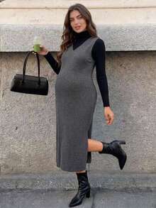 SHEIN Maternity Solid Color V-Neck Side Slit Hem Tank Dress - Dark Grey - View 2
