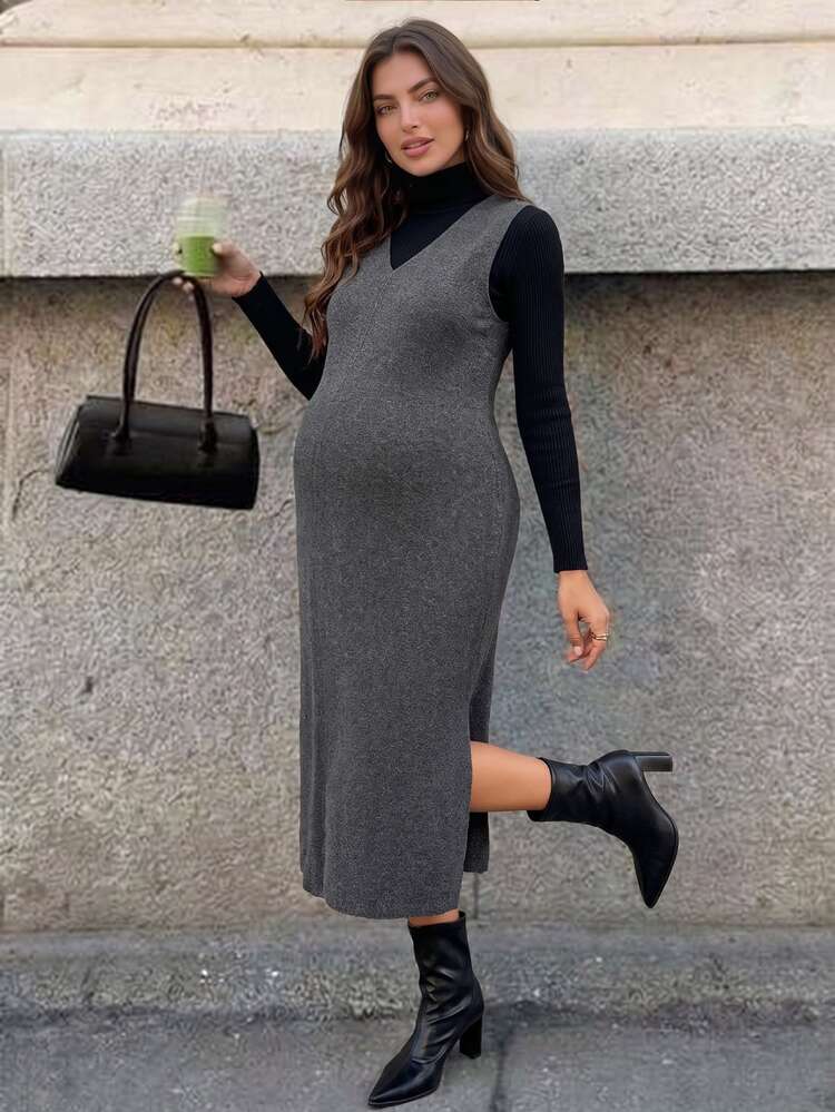 SHEIN Maternity Solid Color V-Neck Side Slit Hem Tank Dress - Dark Grey - View 3
