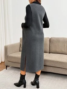 SHEIN Maternity Solid Color V-Neck Side Slit Hem Tank Dress - Dark Grey - View 5