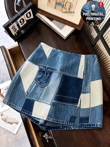 SHEIN Franclia 時尚休閒通勤百搭丹寧效果印花紋理柔軟面料高腰開衩女款短褲/裙/寬腿褲/熱褲 - 藍色 - 查看 1