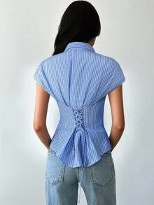 Firerie 女士蓝白条纹短袖衬衫，侧边褶皱系带腰身衬衫，教师衬衫，通勤装，商务休闲衬衫，收腰设计，简约日常休闲通勤衬衫，度假衬衫，条纹腰身衬衫，适合春、夏、秋、冬四季穿着，优雅，度假风，波西米亚风，工作装，正式场合 - 藍白色 - 查看 3