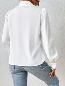 SHEIN Privé Áo sơ mi nữ tay bồng viền bèo nhún màu trắng, áo dài tay - trắng - Xem 2