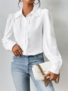 SHEIN Privé Áo sơ mi nữ tay bồng viền bèo nhún màu trắng, áo dài tay - trắng - Xem 3