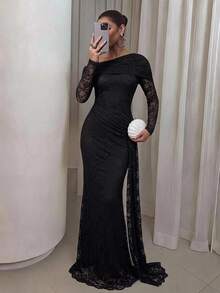Silquee Women's Asymmetric Neck Lace Patchwork Pleated Ruffle Dress For Date And Evening Party Autumn Outfits For Women Elegant Long Dresses Lace Maxi - Black - View 9